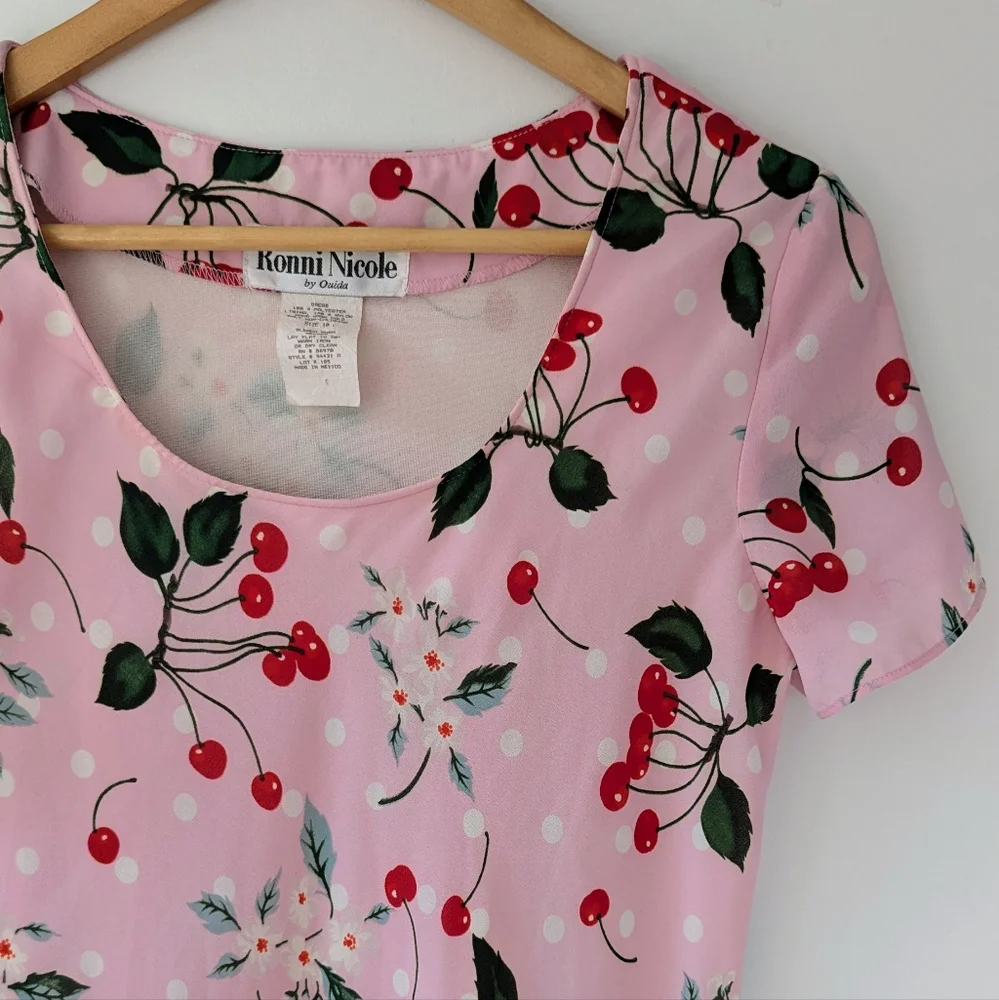 Vintage 90s Cherry Print Pink Maxi Dress - Picture 4 of 11